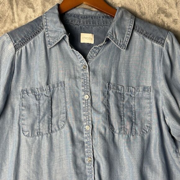 Chicos Blocked Denim Tie Front Jill Shirt Size 2 Large Lyocell Blue Western Boho - Picture 3 of 7